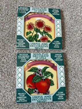 Set of Vintage Ceramic Tile Trivets Useful & Decorative Apple & Flowers 90s